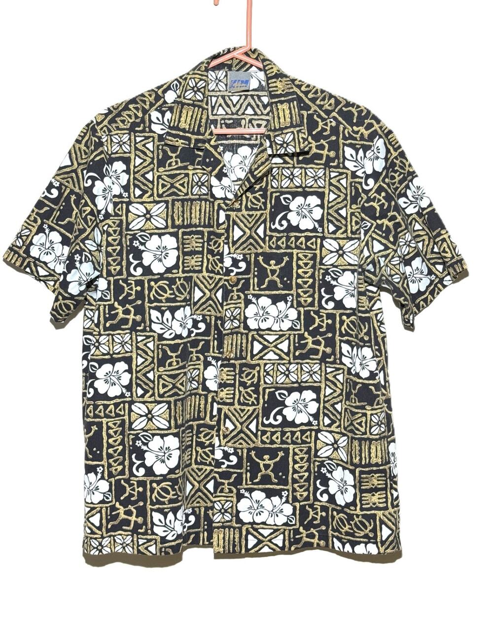 VTG Kim Fashion Hawaiian Shirt M Black Gold Tribal Polynesian Made in Hawaii